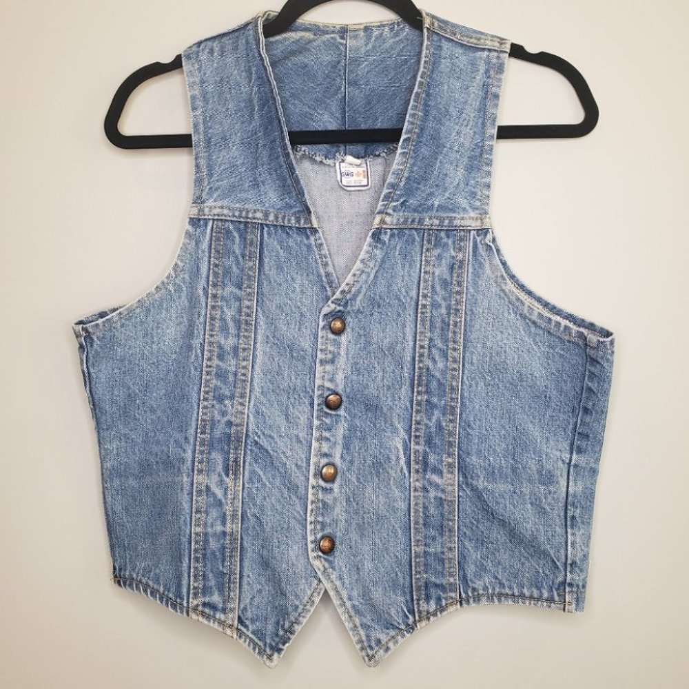 70s Denim Vest - GWG Scrubbies Snap Button Lightwash Acid Wash